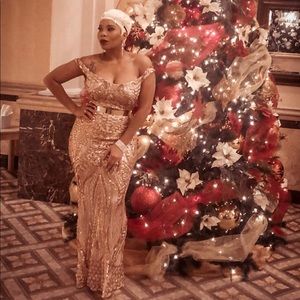 Rose Gold Sequins Off Shoulder Mermaid Dress